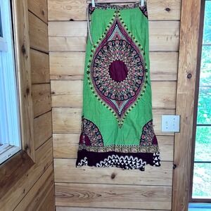 Vintage Maxi Skirt Womens Small Green Dashiki African Wax Print Cotton MCM
